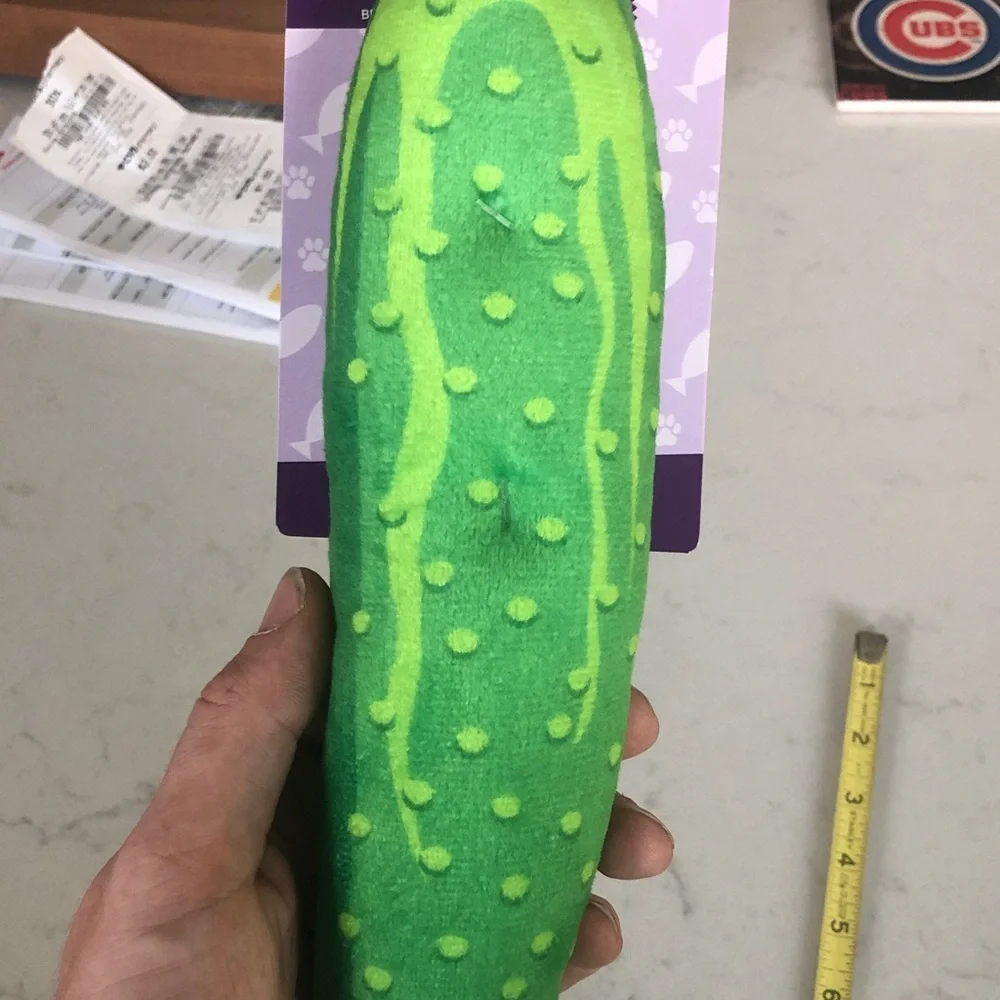 Green Plush Pickle Cat Kicker Toy with bell
